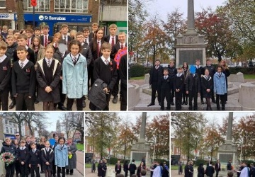 Photo collage of students and staff attending the service to open the remembrance garden war memorial