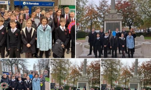 Photo collage of students and staff attending the service to open the remembrance garden war memorial